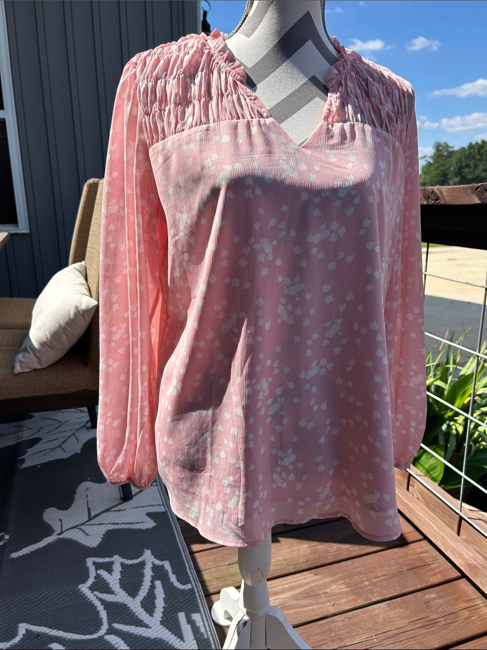 Smocked Yoke Pink Long-Sleeve Blouse